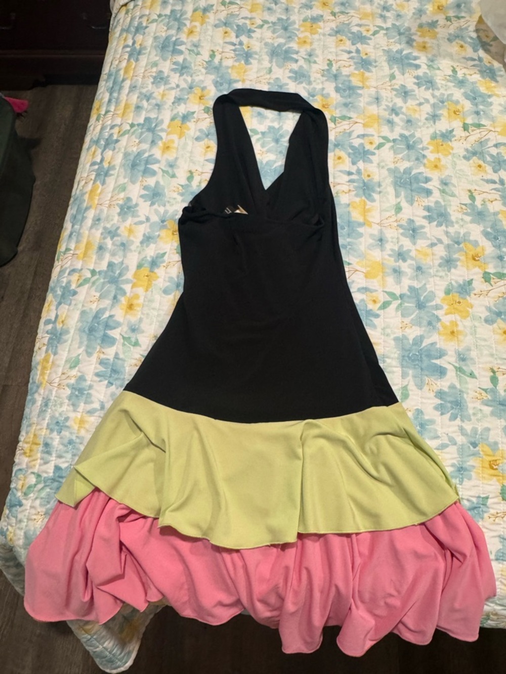 VINTAGE City Triangles Black Halter Dress with Yellow and Pink Ruffle Skirt - Picture 2 of 5